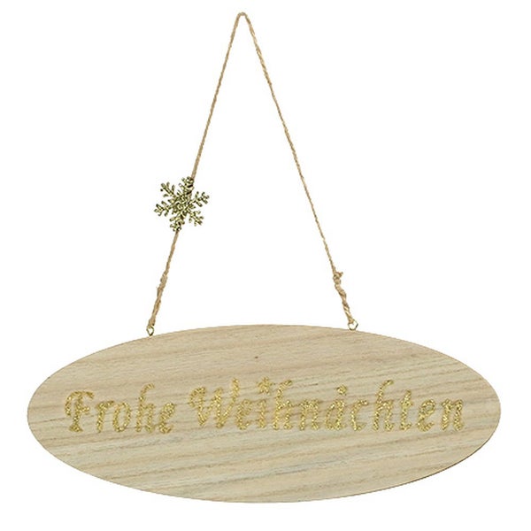 Holzschild mit der Aufschrift Frohe Weihnachten und einer Schneeflocke