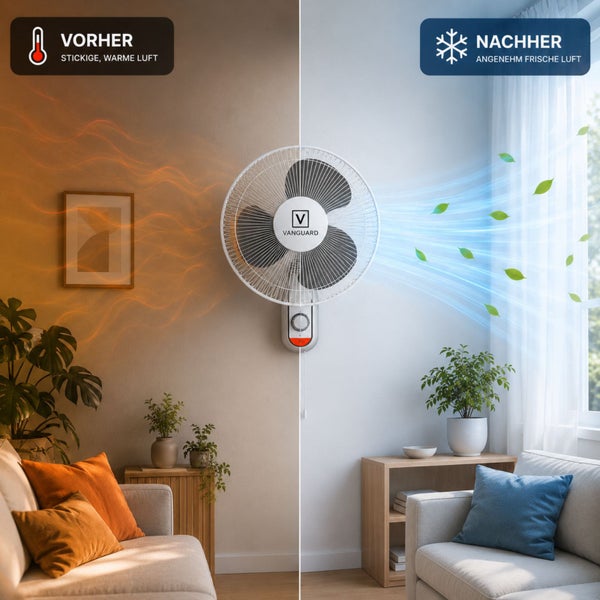 Vanguard Wandventilator in einem Wohnzimmer, Vorher-Nachher-Vergleich von stickiger warmer Luft zu einer angenehm frischen Brise, Vanguard Logo.
