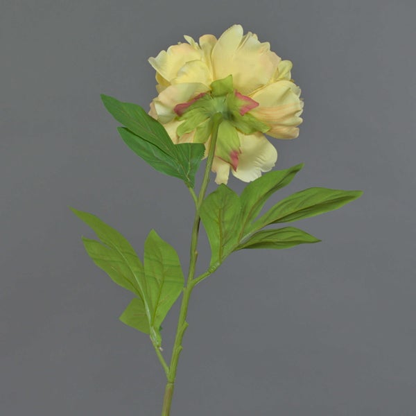 Künstliche Pfingstrose mit gelber Blüte, grünem Stiel und Blättern.