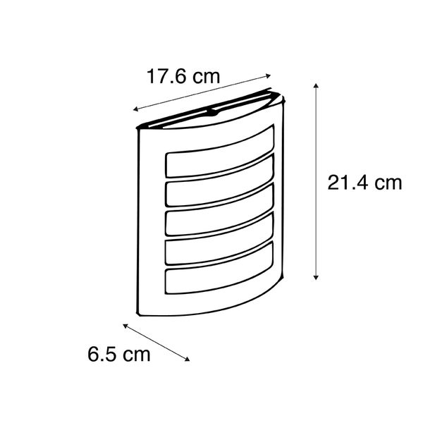 Skizze einer Außenwandleuchte mit den Maßen 17,6 Zentimeter Breite, 21,4 Zentimeter Höhe und 6,5 Zentimeter Tiefe.