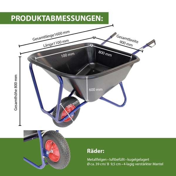 Abmessungen einer Schubkarre mit den Maßangaben