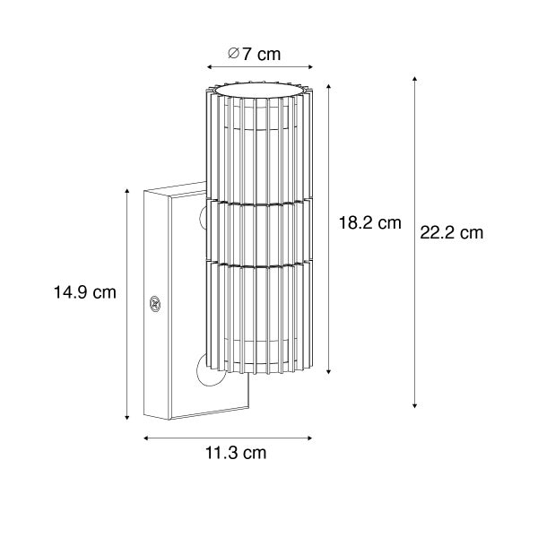 Maßzeichnung einer Wandleuchte: Durchmesser 7 Zentimeter, Gesamthöhe 22,2 Zentimeter, Breite 11,3 Zentimeter.