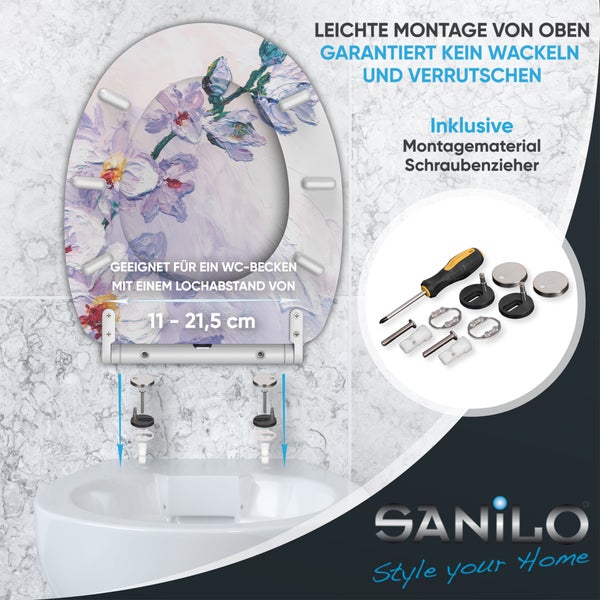 Sanilo WC-Sitz mit Blumenmotiv, inklusive Montagematerial und Schraubenzieher, für WC-Becken mit einem Lochabstand von 11 bis 21,5 Zentimeter.