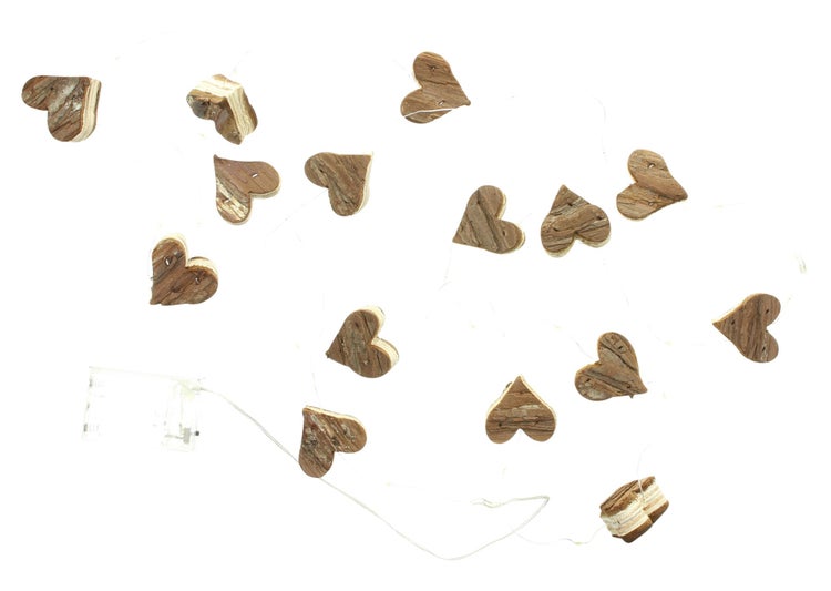 FRANK FLECHTWAREN | LED-Lichterkette Holzherzchen, PINIE, KUNSTSTOFF, 15 x Herz Ø 5 cm, Lichterkette 300cm