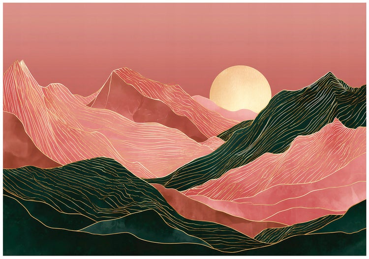 Illustration einer Berglandschaft mit goldenen Linien und einer Sonne