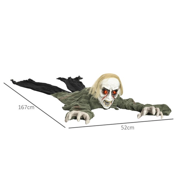 HOMCOM 167cm Halloween-Dekoration Zombie Untoter, Lebensechte Größe Halloween-Zombie mit Rot Leuchtende Augen, Garten Dekoration mit Heul-Geräusch