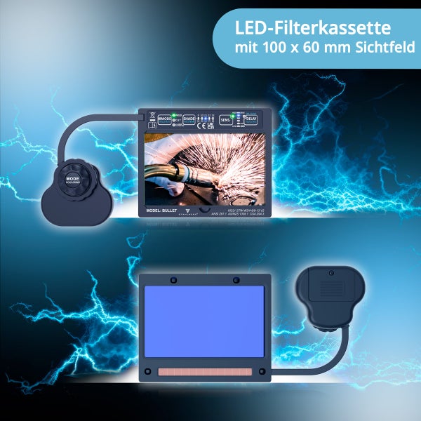 Schweißhelm mit LED Filterkassette und Bedienelementen