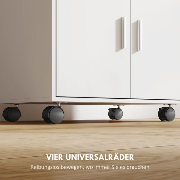 Weißer Schrank mit vier schwarzen Universalrollen für einfache Beweglichkeit auf Holzfußboden.