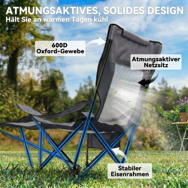 Campingstuhl mit atmungsaktivem Netzeinsatz, stabilem Eisenrahmen und strapazierfähigem 600D Oxford Gewebe für Garten und Camping.