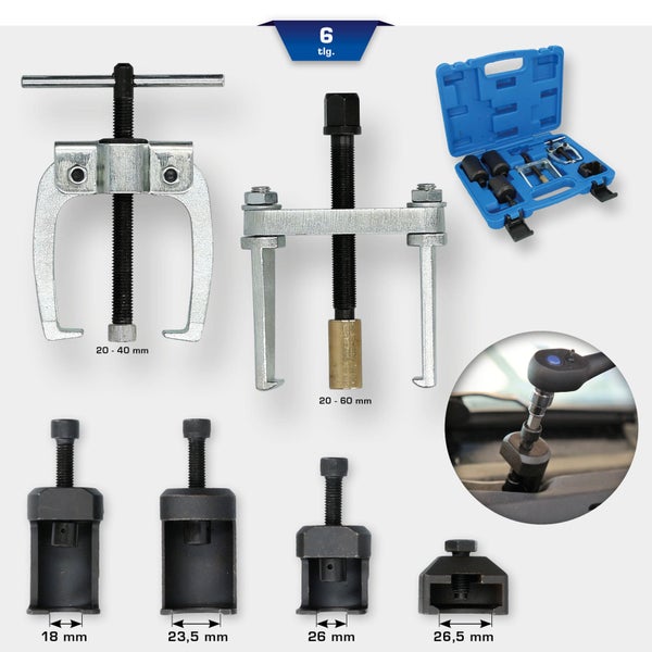 6-teiliges Abziehersatz mit Abmessungen und blauem Koffer