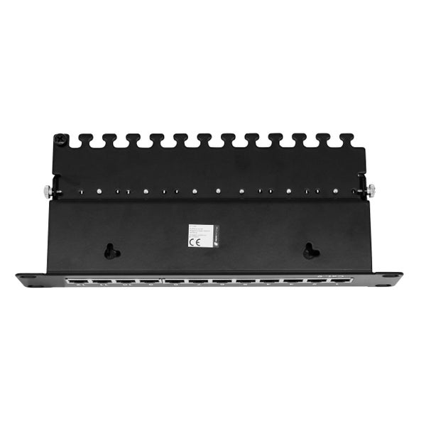 Patchpanel Kategorie 6 mit 12 Ports aus Metall inklusive Kabelmanagement für Netzwerkinstallationen.