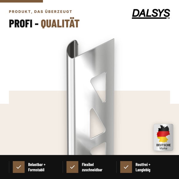 Dalsys Fliesenschiene aus Edelstahl mit Lochstanzung für Fliesenabschlüsse, rostfrei, formstabil und flexibel zuschneidbar.