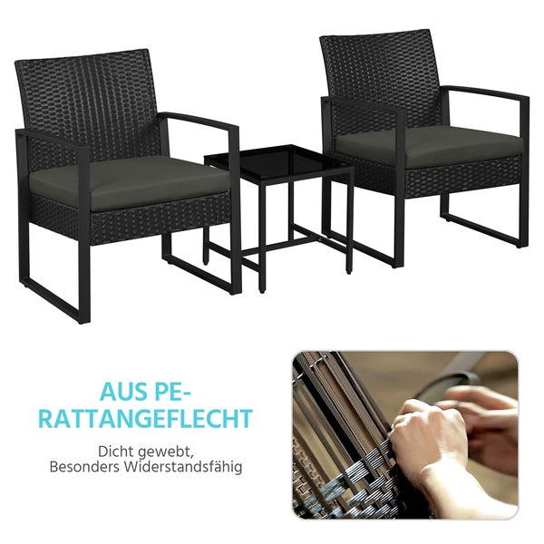 Gartenmöbelset mit zwei Sesseln, einem Tisch und Sitzkissen