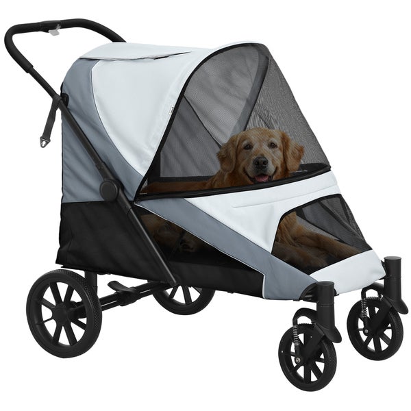 PawHut Hundewagen Hundebuggy klappbar für große Hunde & Katzen bis 30 kg Katzenbuggy mit Kissen Netzfenstern Türen Aufbewahrungstasche Katzenwagen mit Sicherheitsleinen, Bremsen, Buggy Grau