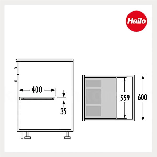 Maßzeichnung für Hailo Auszugssystem in 400 Millimeter breitem Schrank mit Höhen von 35, 559 und 600 Millimeter. Hailo Logo.