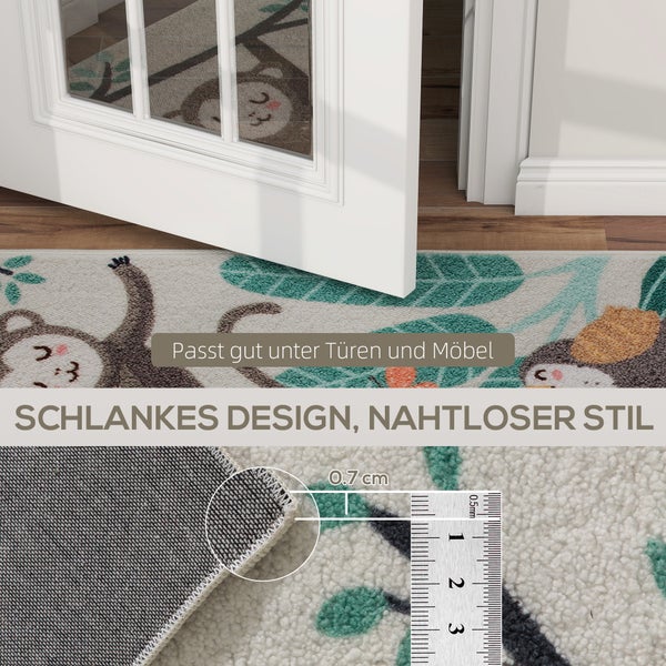 Flachgewebter Teppich mit Dschungelmotiv unter einer Tür. Abbildung zeigt Florhöhe von 0,7 Zentimetern mit einem Lineal.