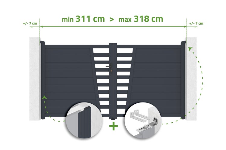 Zweiflügeliges Einfahrtstor aus Aluminium mit verstellbarer Breite von 311 Zentimeter bis 318 Zentimeter und Montagedetails.
