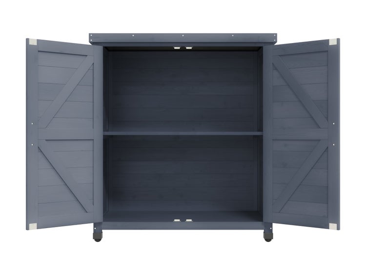 Gartenschrank aus Holz in Blau mit zwei geöffneten Türen und einem Einlegeboden.