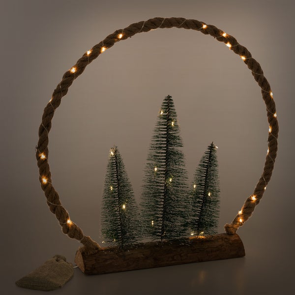 ECD Germany LED Jute Kreis mit LED-Beleuchtung 45x45x9,5 cm, Deko Weihnachtskreis aus Seil mit 45 warmweißen LEDs, 3 Tannen, Jutesäckchen, Batterien, Timer, Weihnachtsbeleuchtung Weihnachtsdeko Innen