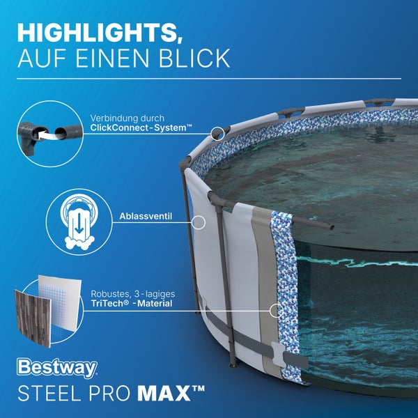 Bestway Steel Pro MAX Pool mit ClickConnect System, Ablassventil und robustem dreilagigem TriTech Material.