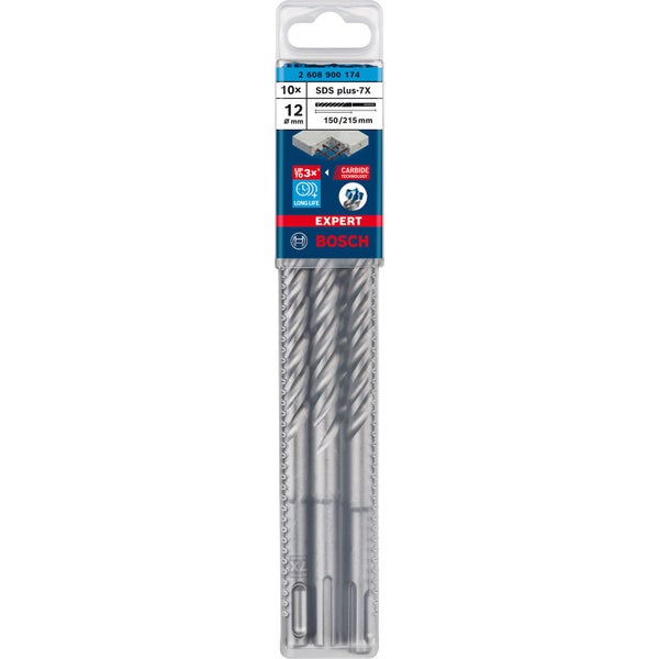 Zehn Bosch SDS plus-7X Hammerbohrer, 12 Millimeter Durchmesser, 150/215 Millimeter Länge im Set