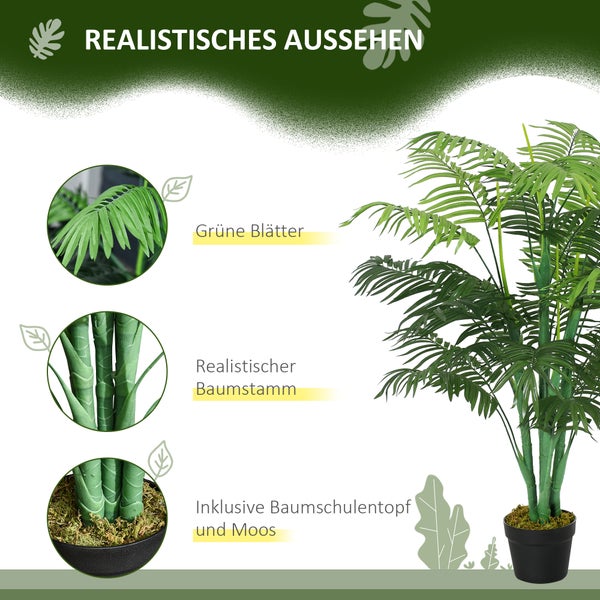 Künstliche Palme mit Detailansichten von grünen Blättern, strukturierten Stämmen und einem Topf mit Moos für ein realistisches Aussehen.
