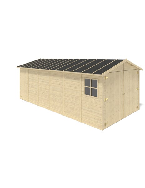 Großes Gartenhaus aus hellem Holz mit Satteldach, Doppeltür an der Front, seitlicher Einzeltür und einem Fenster.