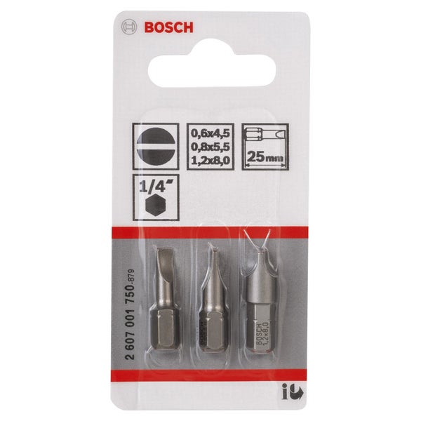 Bosch Logo. Packung mit drei Schlitzschrauberbits.