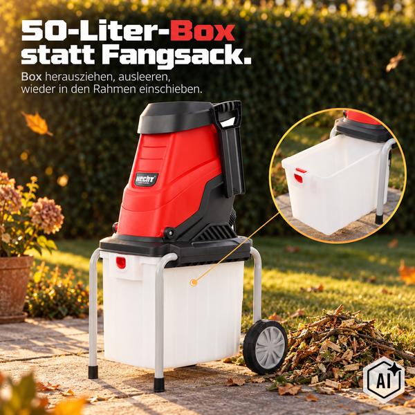 Hecht Gartenhäcksler mit herausnehmbarer 50 Liter Auffangbox für einfache Entleerung im Garten auf einer Terrasse.
