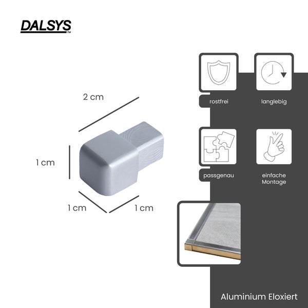 DALSYS Logo. Eckstück für Profile, eloxiertes Aluminium, 1 Zentimeter mal 1 Zentimeter mal 2 Zentimeter. Rostfrei, langlebig, passgenau.