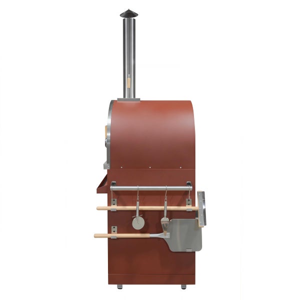 Pizzaofen aus Metall für den Außenbereich mit Schornstein und hängendem Zubehör wie Pizzaschieber und Pizzaschneider.