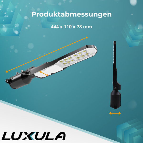 Produktabmessungen einer LED-Straßenleuchte mit den Maßen 444 x 110 x 78 Millimeter.