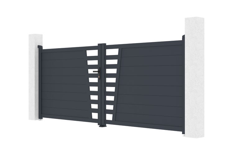 Zweiflügeliges Einfahrtstor aus Aluminium mit horizontalen Lamellen und dekorativen Ausschnitten zwischen zwei Pfosten