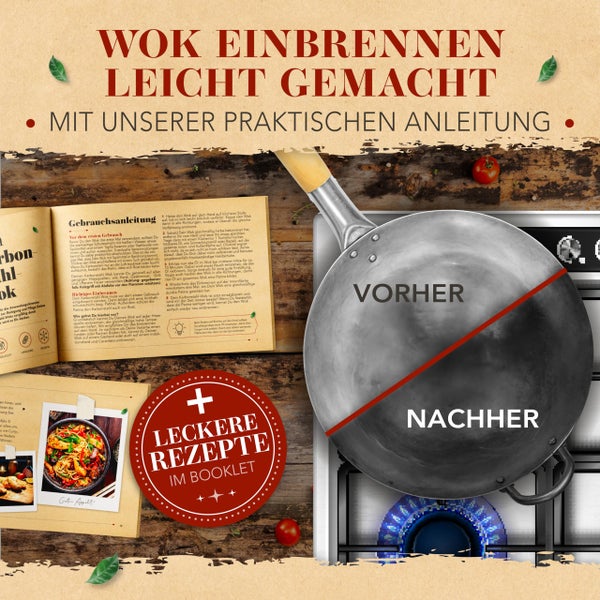 KRUSTENZAUBER 30cm Wokpfanne runder Boden - Traditionelle Stahlwokpfanne mit Wokwender u. Wokring - Wok Pfanne, Wok Induktion, Woklette, Wok Zubehör, Carbon Steel Wok Karbonstahl