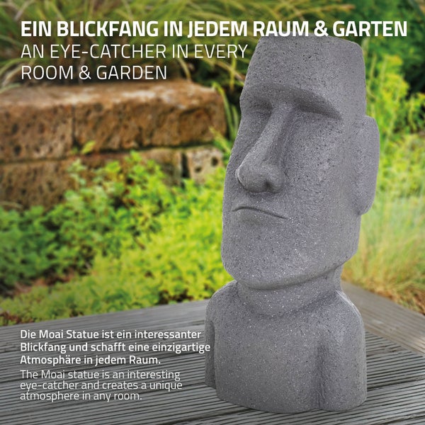 ECD Germany Moai Figur Rapa Nui Kopf 53,5 cm hoch aus wetterfestem Steinguss Kunstharz, Grau, Osterinsel Statue als Dekoration für Haus & Garten, Gartenfigur Dekofigur, Skulptur für Innen & Außen