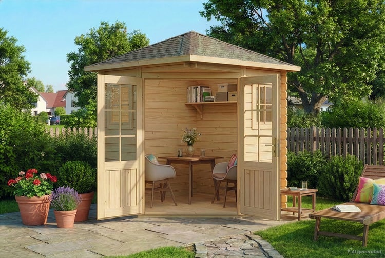 Eckgartenhaus aus Holz mit Doppeltür und Spitzdach in einem Garten mit Sitzbereich und Pflanzen vor dem Haus.