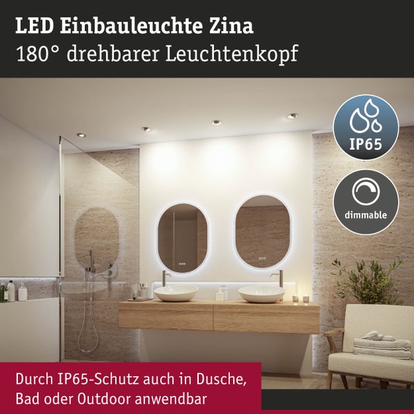 Helles Bad mit Steinwänden, LED-Einbauleuchte Zina, 180 Grad drehbarer Kopf, dimmbar, Holz-Doppelwaschtisch und IP65 Schutzart für die Dusche.