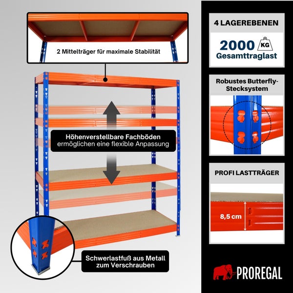PROREGAL Schwerlastregal mit 4 Ebenen, 2000 Kilogramm Traglast, höhenverstellbaren Fachböden mit 2 Mittelträgern, Butterfly-Stecksystem und Metallfüßen.