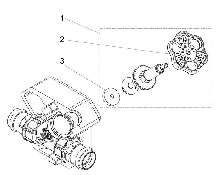 Technische Zeichnung eines Ventils mit nummerierten Ersatzteilen wie Handrad und Dichtung.