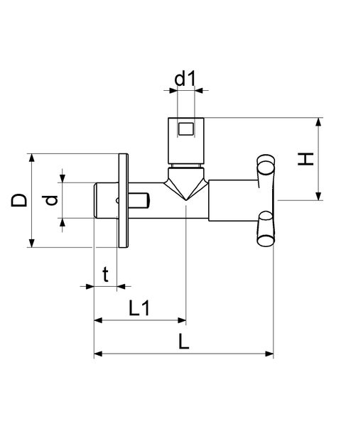 Technische Zeichnung eines Ventils mit Maßangaben für Durchmesser, Höhe und Länge.