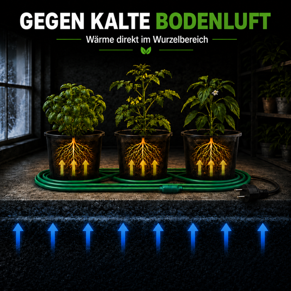 Elektrische Heizmatte für Pflanzen gegen kalte Bodenluft mit Wärmeabgabe an den Wurzelbereich für drei Pflanztöpfe.