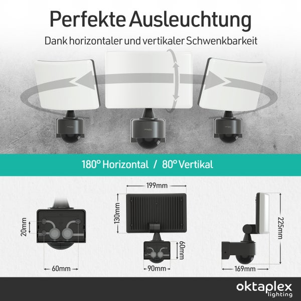 Abbildung einer schwenkbaren Aussenleuchte mit Massangaben