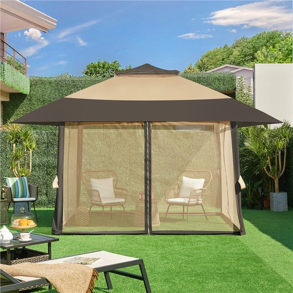 Gartenszene mit Pavillon, Stühlen und Tisch auf Rasen