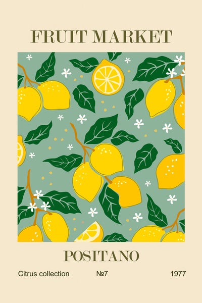 Grafikdesign mit Zitronen, Blättern und Blüten für den Obstmarkt Positano