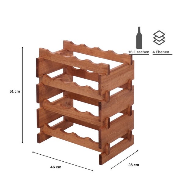 Weinregal VINOTECA FLEX PRO HxBxT 51x46x28cm 16 Flaschen auf 4 Ebenen Massives Kiefernholz Braun geölt