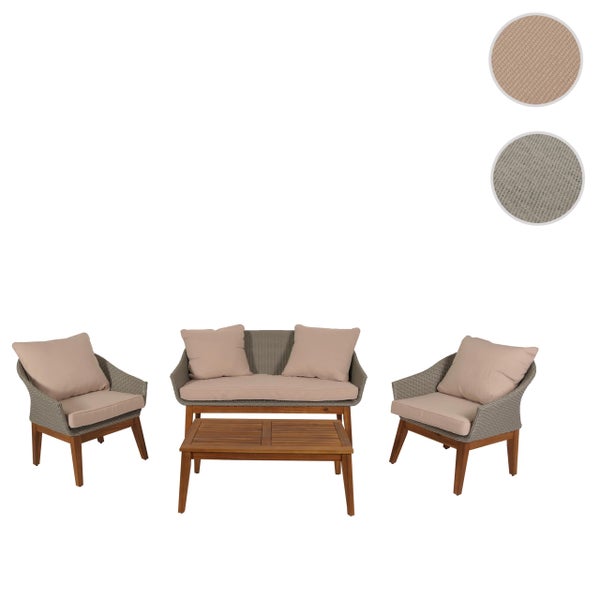 Garten-Lounge-Set aus grauem Kunststoffgeflecht und Holz, bestehend aus einem Sofa, zwei Sesseln und einem Couchtisch inklusive Polstern.