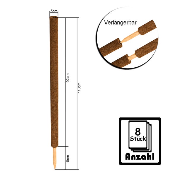 BigDean 8er Set Pflanzstäbe Kokos 110 cm - Monstera Rankhilfe Rankstäbe Stab Moosstäbe Pflanzenstäbe Kokosstäbe für Pflanzen - aus natürlicher Kokosfaser - verlängerbar
