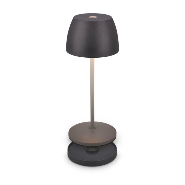 Kabellose Tischleuchte mit Ladestation, mattes Design, glockenförmiger Schirm.