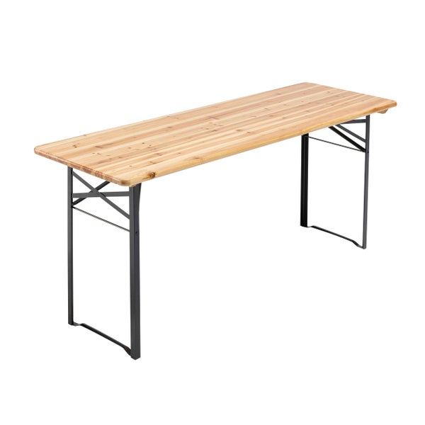 Klappbarer Biertisch mit einer Tischplatte aus hellem Holz und einem dunklen Metallgestell.