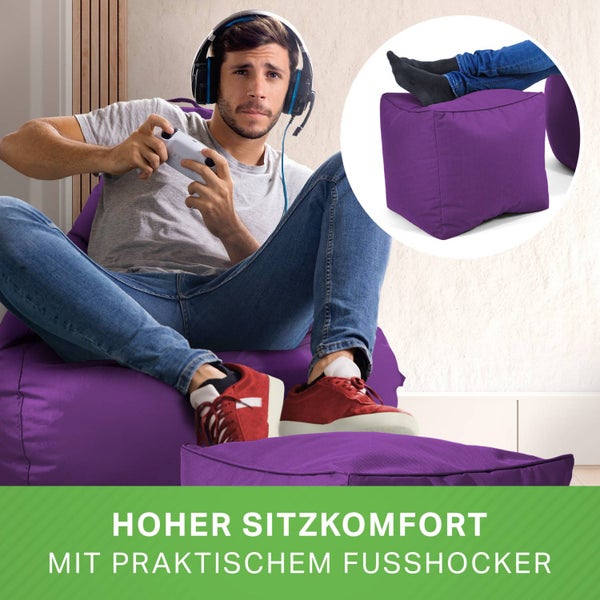 Green Bean 2er Set Sitzsack + Hocker - fertig befüllt - robust waschbar schmutzabweisend - Kinder & Erwachsene Bean Bag Bodenkissen Lounge Sitzhocker Relax-Sessel Gamer Gamingstuhl Pouf - Violett